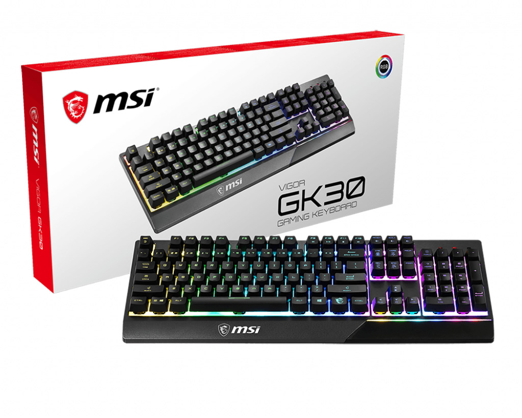 MSI GG VIGOR GK30 TR GAMING KEYBOARD MEKANIK HISLI 6 BOLGE RGB LED AYDINLATMA SIVI DOKULMESINE DAYANIKLI OYUNCU KLAVYESI TURKCE Q