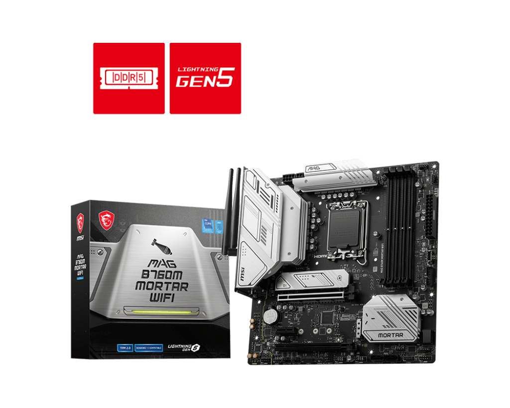 MSI MAG B760M MORTAR WIFI SOKET 1700 DDR5 7000(OC) PCI-E GEN5 M.2 USB3.2 HDMIDP 1X 2.5G LAN  WI-FI 6E MATX