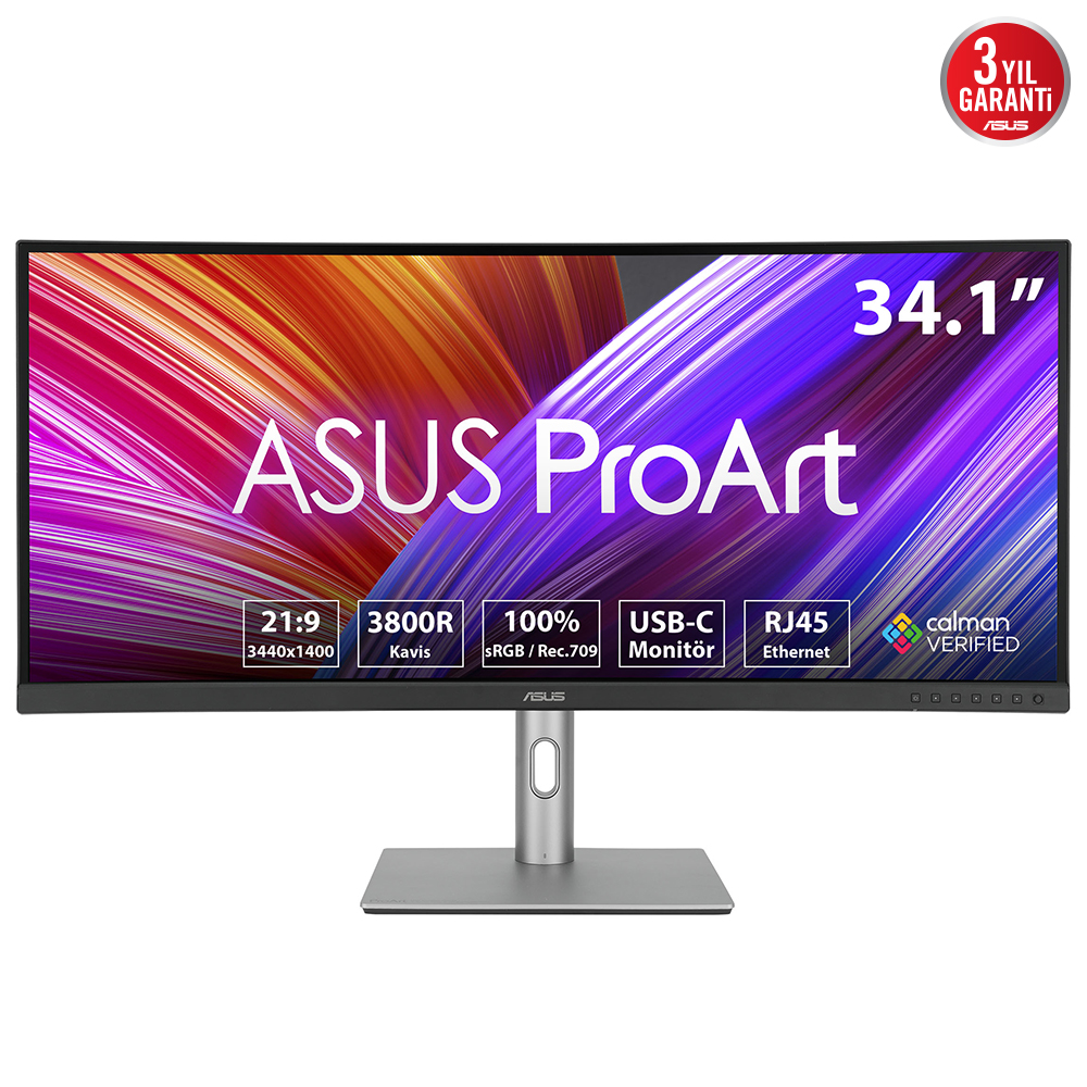 ASUS ProArt PA34VCNV 34 Kavisli IPS HDR 3440x1440 5ms 60Hz 300cd DP HDMI USB-C RJ45 Hoparlör VESA 3YIL EYECARE %100 SRGB FLICKER-FREE ÇERÇEVESİZ DÜŞÜK MAVİ IŞIK YÜKSEKLİK AYARI USB-C PD90 W MONİTÖR