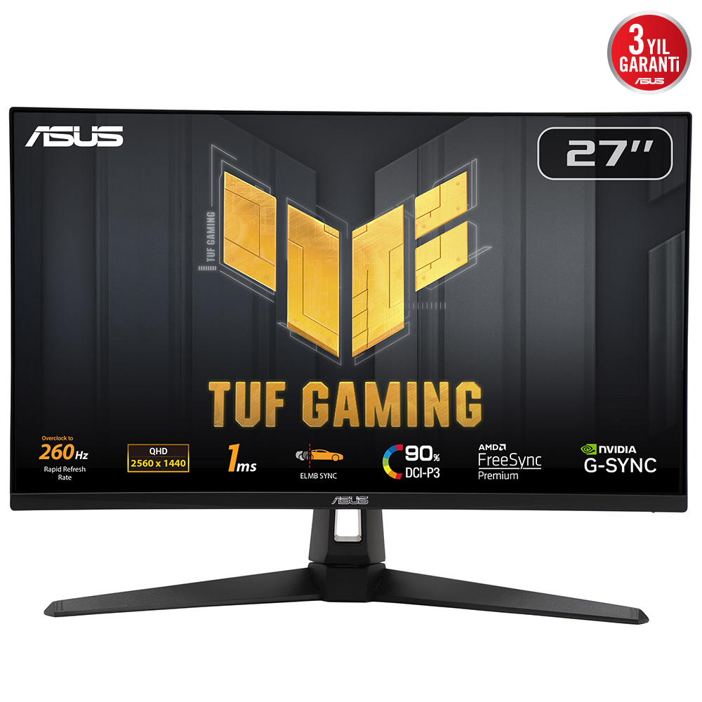 ASUS TUF GAMING VG27AQM1A 27 HDR400 2K IPS FREESYNC VE G-SYNC UYUMLU 2560X1440 1MS 260HZ 400CD DP HDMI USB HOPARLÖR VESA 3YIL ELMB SYNC 90%DCI-P3 MONITÖR