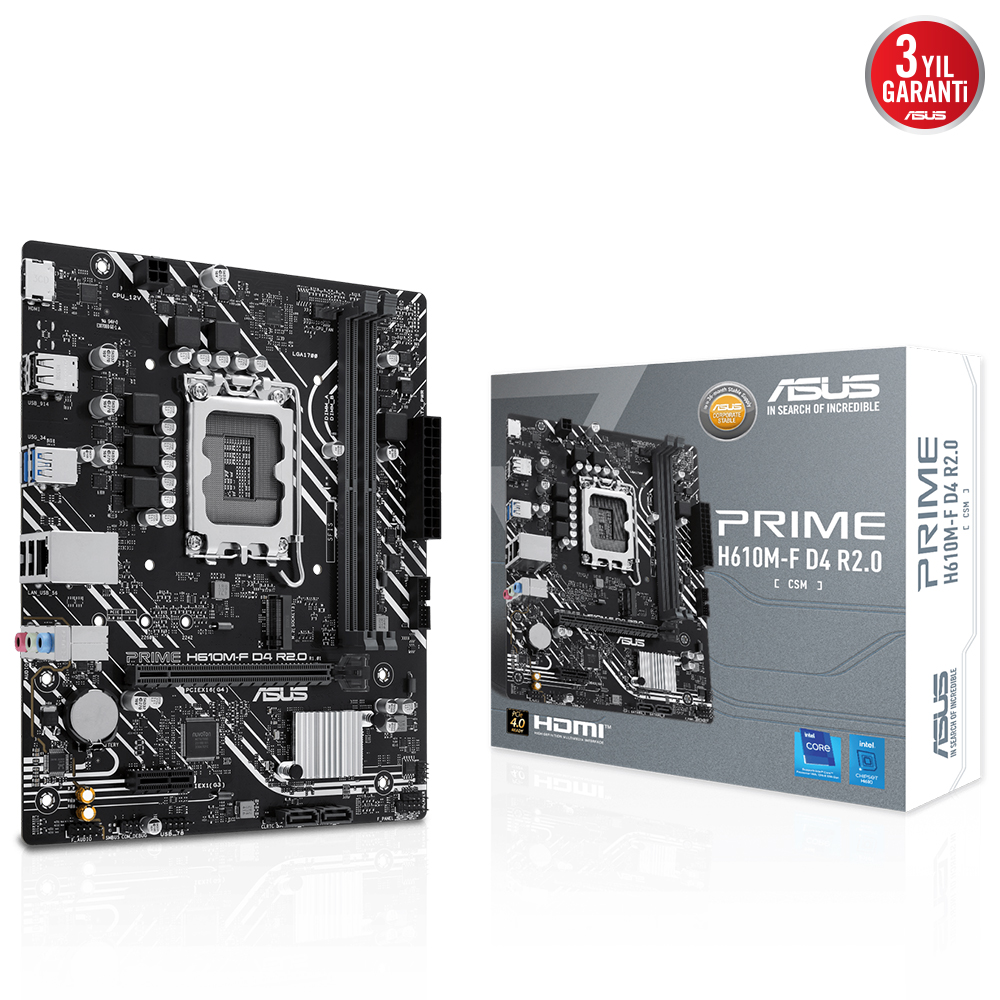 ASUS MB PRIME H610M-F D4 R2.0 INTEL H610 LGA1700 DDR4 3200 HDMI M2 USB3.2 MATX BULK KUTULU KULLANIM KLAVUZU SATA KABLOSU SÜRÜCÜ DVD'SI YOK