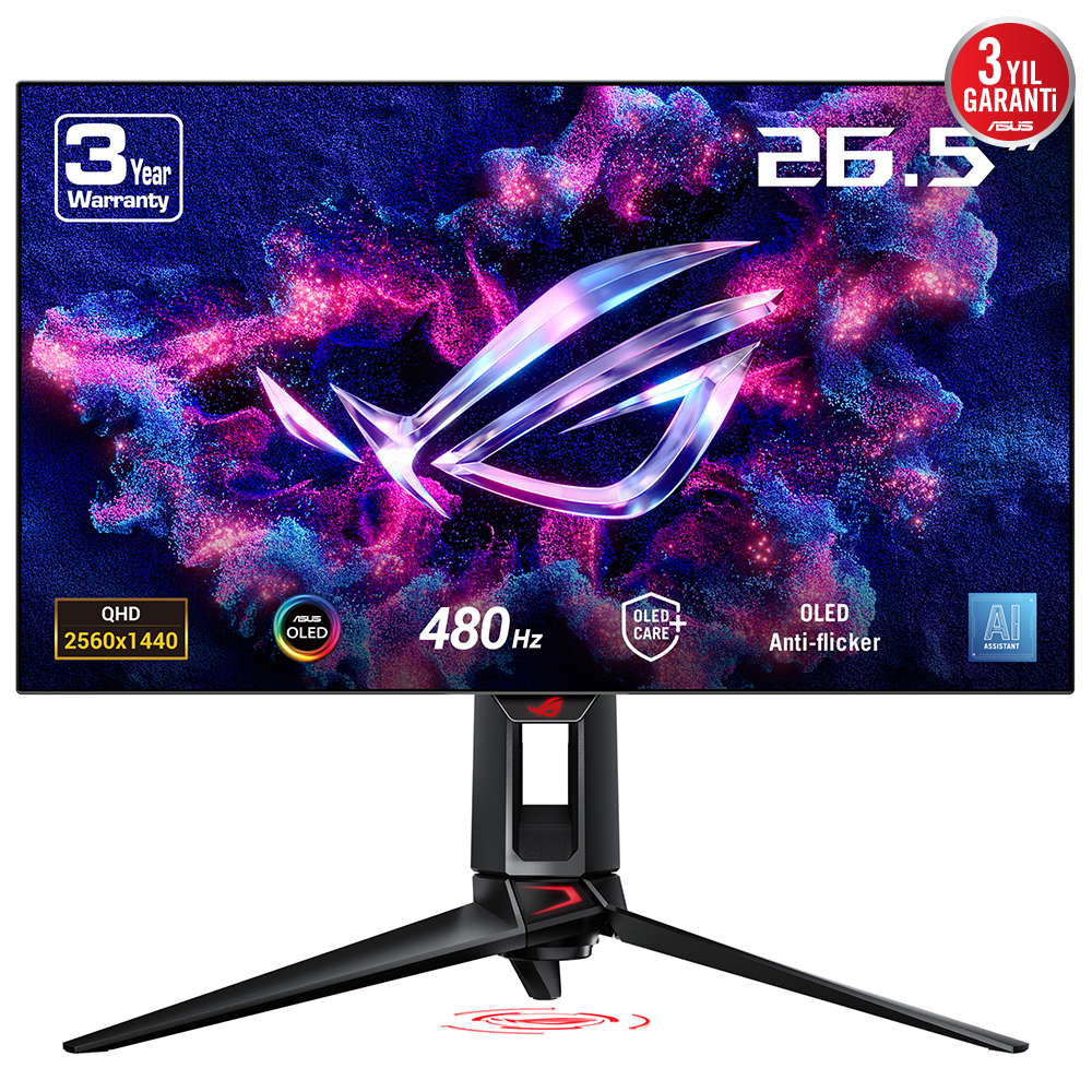 ASUS ROG SWIFT PG27AQDP 26.5 OLED GAMING 2K FREESYNC PREMIUM  2560x1440 0.03ms 480Hz 450cd DP HDMI USB YOK VESA 3YIL AI DESTEK  HDR400  GERÇEK SİYAH  99% DCI-P3 10 BIT MONİTÖR