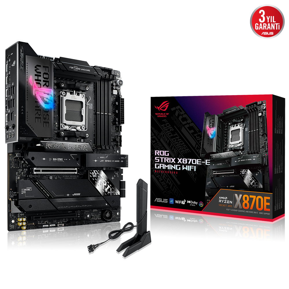 ASUS ROG STRIX X870E-E GAMING WIFI AMD X870 AM5 DDR5 8000 HDMI 2XUSB4 5X M2 USB3.2 WİFİ 7 + BT AURA RGB 5GBİT LAN ATX 18+2+2 GÜÇ AŞAMALARI ÇİFT USB4 USB 20G PD 3.0 İLE 30W A KADAR USB ÇIKIŞI