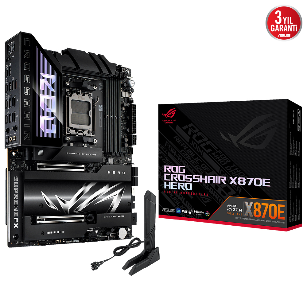 ASUS ROG CROSSHAIR X870E HERO AMD X870E AM5 DDR5 8400 HDMI 2XUSB4 5X M2 USB3.2 WİFİ 7 + BT AURA RGB 2.5GBİT + GBİT LAN ATX 18+2+2 GÜÇ AŞAMALARI ÇİFT USB4 5XM.2 SLOT Wİ-Fİ 7 AI OVERCLOCKİNG