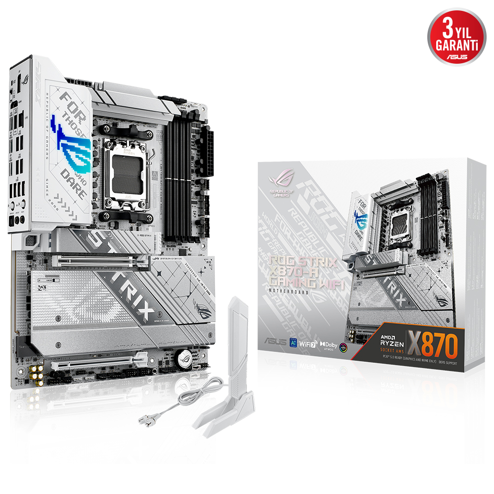 ASUS ROG STRIX X870-A GAMING WIFI AMD X870 AM5 DDR5 8000 DP HDMI 2XUSB4 4X M2 USB3.2 WİFİ 7 + BT AURA RGB 5GBİT LAN ATX 16+2+2 GÜÇ AŞAMALARI ÇİFT USB4 4XM.2 SLOT USB 20GBPS PD 3.0 İLE 30W A KADAR USB ÇIKIŞI