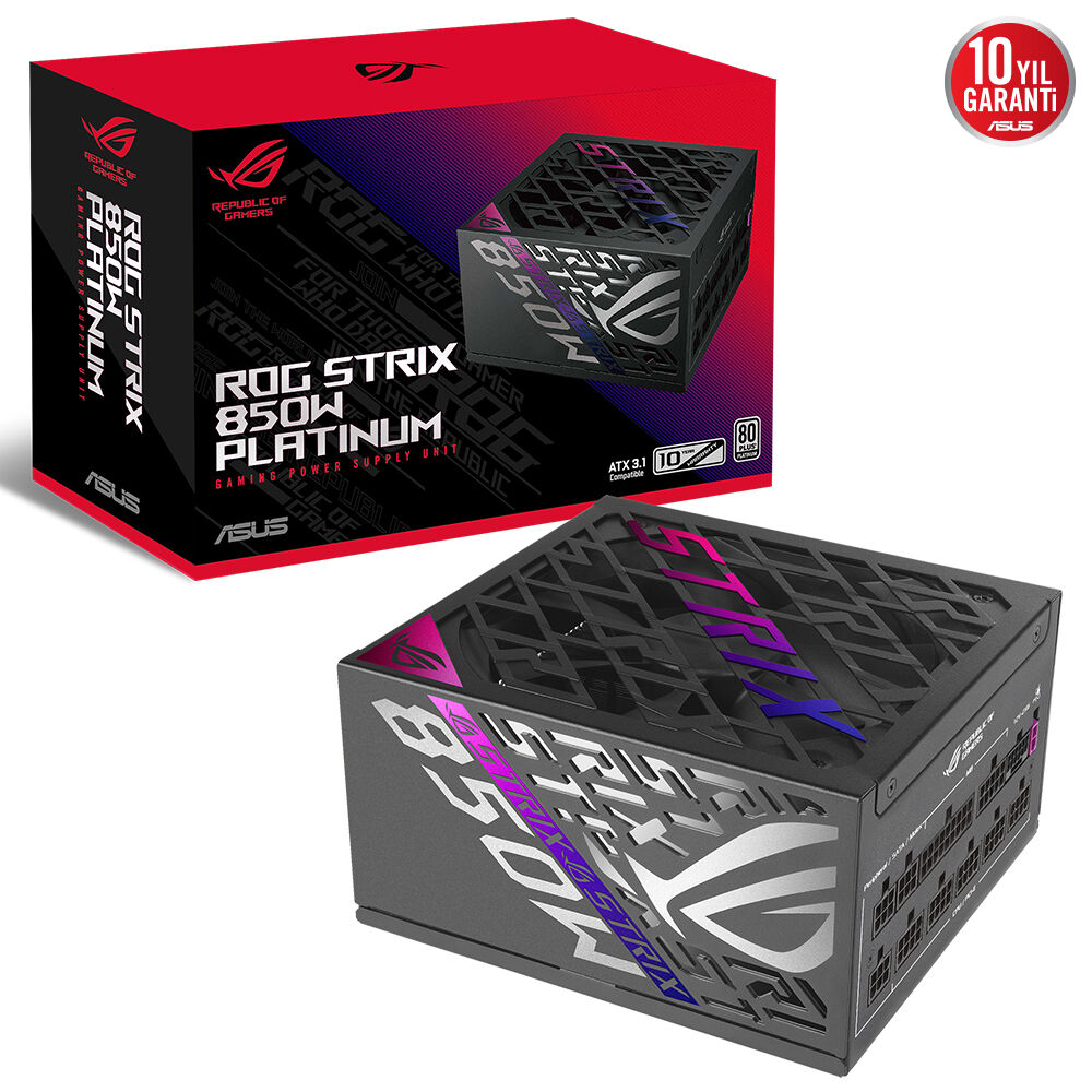 ASUS ROG-STRIX-850P TAM MODÜLER GÜÇ KAYNAĞI, 80 PLUS PLATİNUM SERTİFİKALI, ATX 3.1, GaN MOSFET, AKILLICA VOLTAJ DÜZENLEYİCİ, 10 YIL GARANTİ