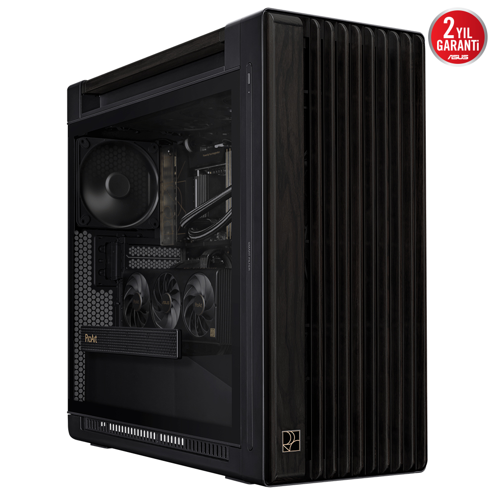 ASUS PROART PA602 WOOD TG ŞIK AHŞAP TASARIMI E-ATX KASA 420 MM RADYATÖR DESTEĞİ, 1 ADET 140MM VE 2 ADET 200MM İLE GELEN KASA FANI, ÖN PANEL IR TOZ FİLTRESİ, GÜÇ KİLİDİ MANDALI, ALETSİZ PCIe MONTAJI, USB 20 GBPS DESTEKLİ SİYAH PROART KASA