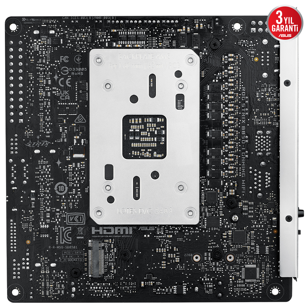 ASUS MB ROG STRIX B850-I GAMING WIFI AMD B850 AM5 DDR5 8400 DP HDMI ÇİFT M2 USB3.2 GEN 2X2 WİFİ 7 + BT AURA RGB 2.5GBİT LAN MİNİ ITX 10+2+1 GÜÇ AŞAMALARI 2XGEN5 M.2 ASUS MB Q-DESİGN READY FOR ADVANCED AI PC AI ADVİSOR