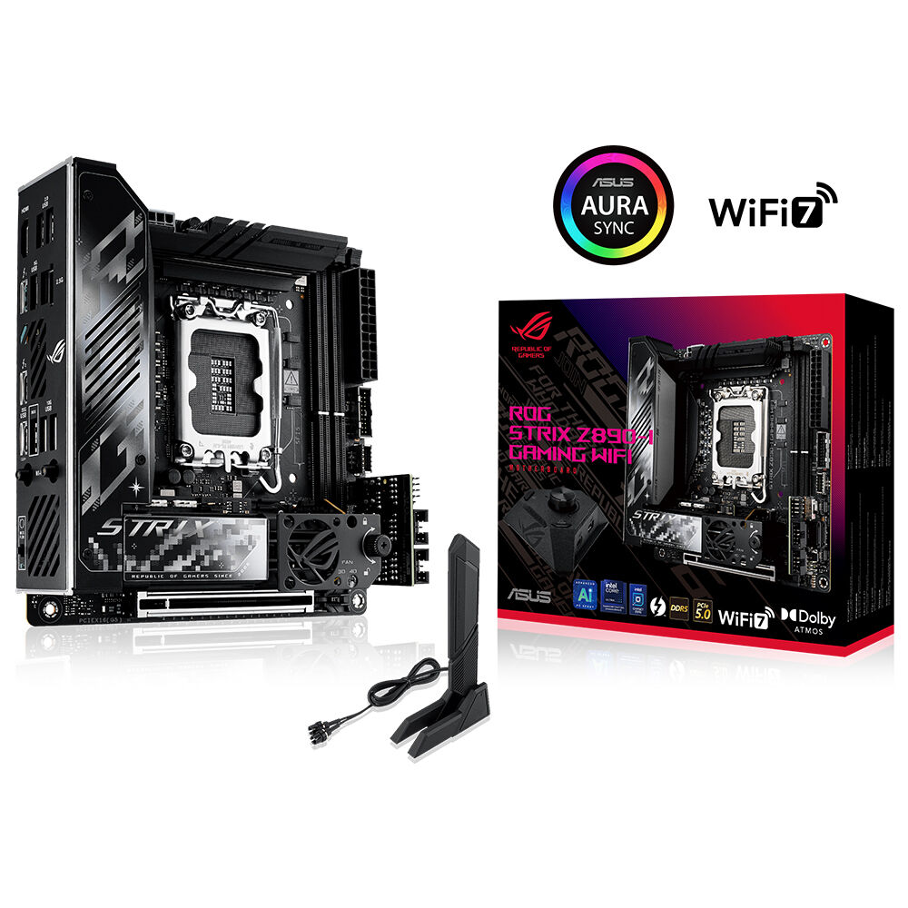 ASUS MB ROG STRIX Z890-I GAMING WIFI INTEL Z890 LGA1851 DDR5 9200 HDMI 2xUSB4 2x M2 USB3.2 GEN 2x2 WiFi 7 + BT AURA RGB 2.5GBIT LAN MINI ITX 10+1+2+1 GÜÇ AŞAMALARI THUNDERBOLT 4 ROG STRIX HIVE II ROG FPS CARD