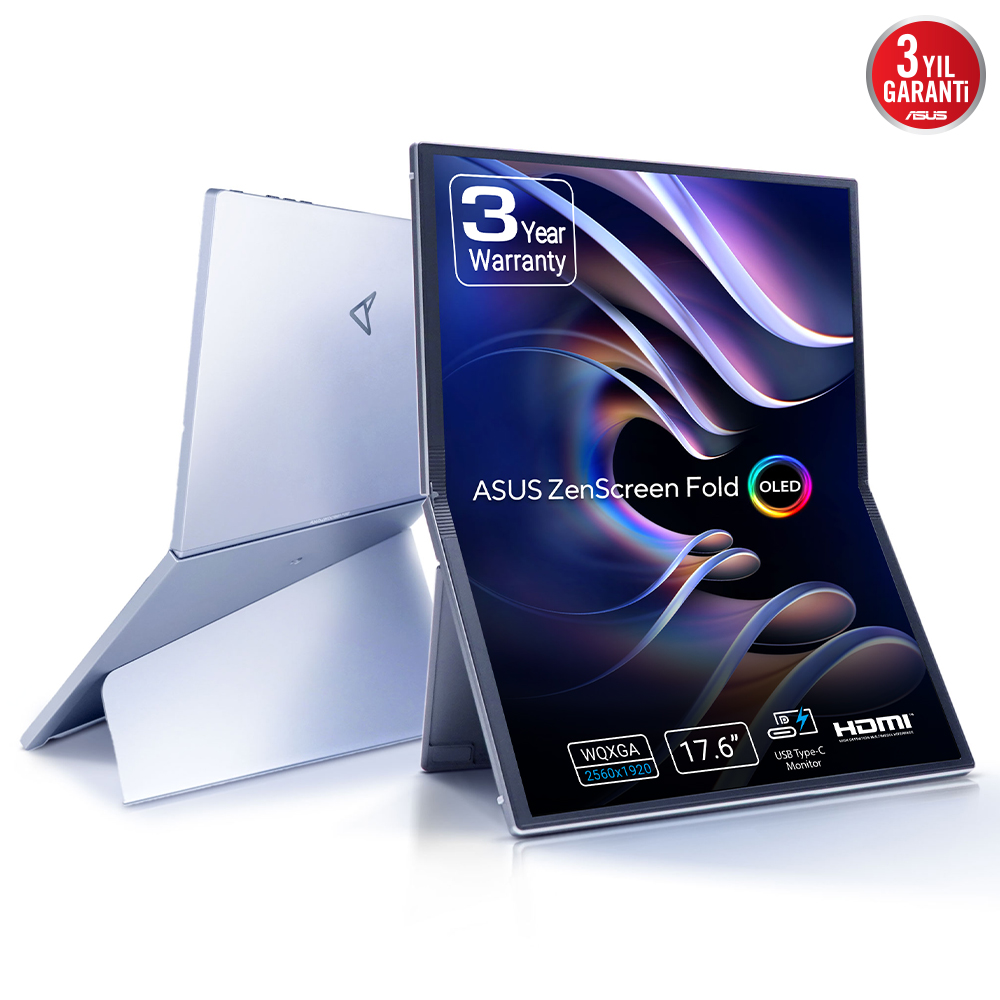 ASUS ZenScreen MQ17QH 17.3 OLED 2560x1920 0.2ms 60Hz 350cd Mini-HDMI USB-C YOK YOK 3YIL Damla Menteşe ile Katlanabilir Teknoloji  DisplayHDR™ 500 True Black  %100 DCI-P3  Çift USB Type-C®  mini-HDMI®  Kulaklık Jakı  Tripot Deliği  Katlanabilir Stant  FSC