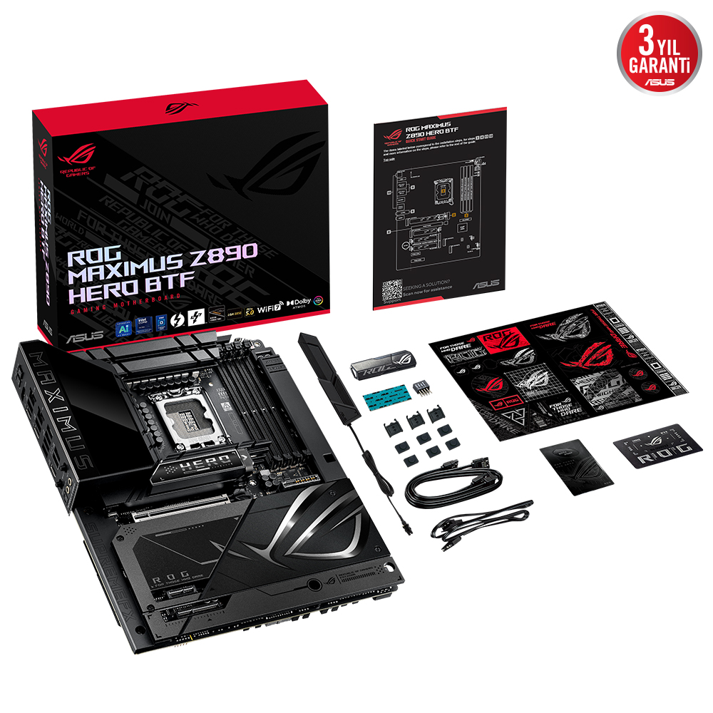 ASUS MB ROG MAXIMUS Z890 HERO BTF INTEL Z890 LGA1851 DDR5 9200 HDMI 2XUSB4 6X M2 USB3.2 WİFİ 7 + BT AURA RGB 5GBİT + 2.5GBİT LAN ATX 22+1+2+2 GÜÇ AŞAMALARI THUNDERBOLT 4 GİZLİ BAĞLANTI TASARIMI