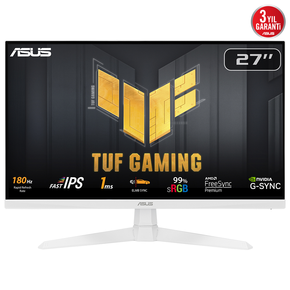 ASUS TUF GAMING VG279Q3A-W 27 FAST IPS FREESYNC PREMIUM BEYAZ 1920X1080 1MS 180HZ 250CD DP HDMI HOPARLÖR VESA 3YIL 99% SRGB ELMB MONITÖR