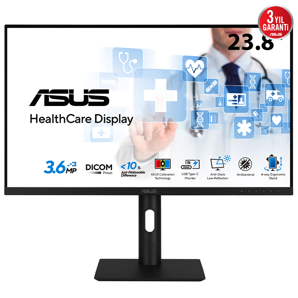 ASUS Sağlık HA2441A 23.8 IPS 2560x1440 5ms 75Hz 300cd DP HDMI USB-C YOK VESA 3YIL AGLR  DICOM Bölüm 14 GSDF  DICOM Ön Ayarı  Otomatik Kalibrasyon  JND < %10  Antibakteriyel Kaplama  USB-C  HDMI  DisplayPort Papatya Dizilimi İşlevi  Ergonomik Stant