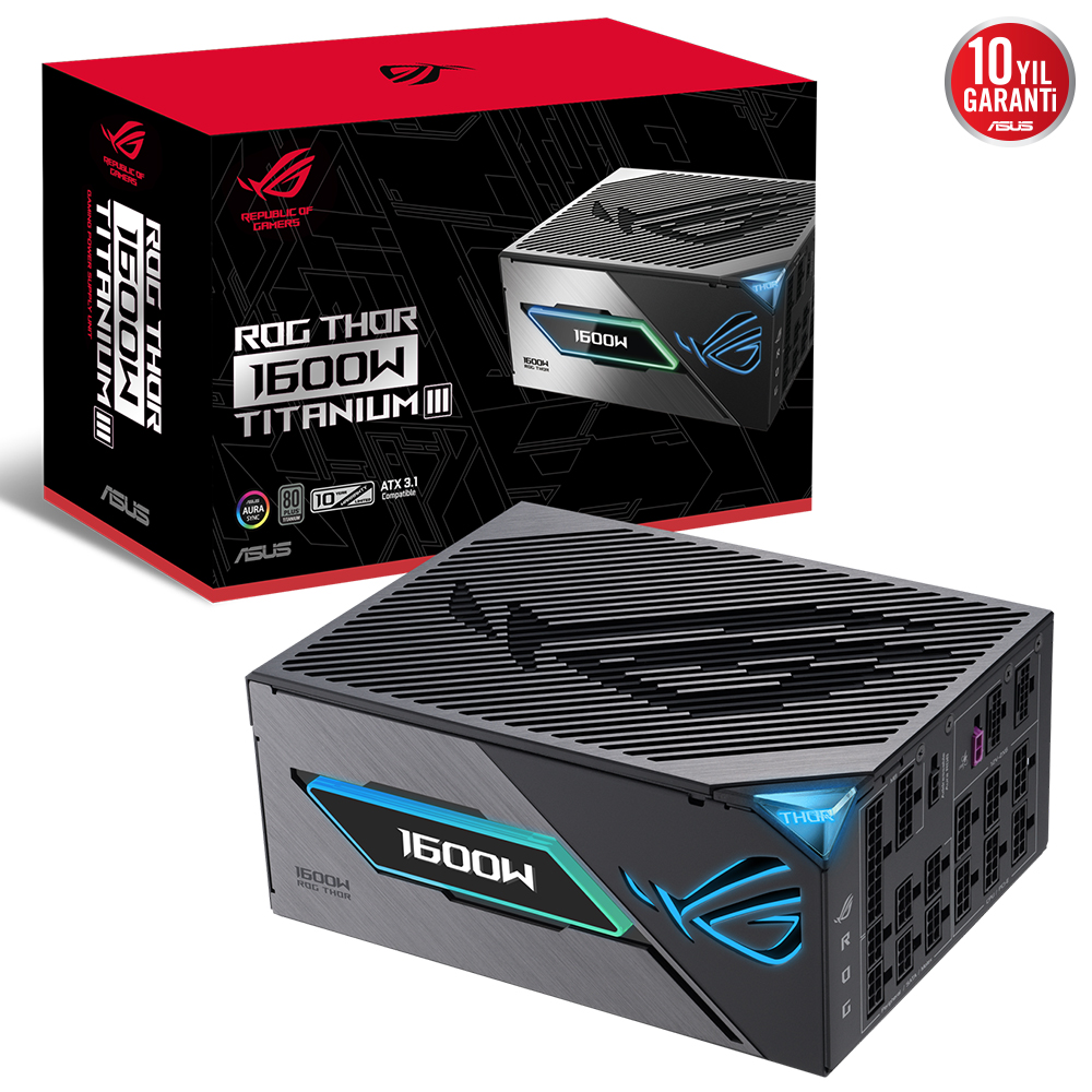 ASUS ROG THOR 1600W TITANIUM III PSU (80 PLUS TITANIUM SERTİFİKALI, ATX 3.1, GaN MOSFET, AKILLI VOLTAJ DÜZENLEYİCİ, MANYETİK OLED EKRAN, 10 YIL GARANTİ)