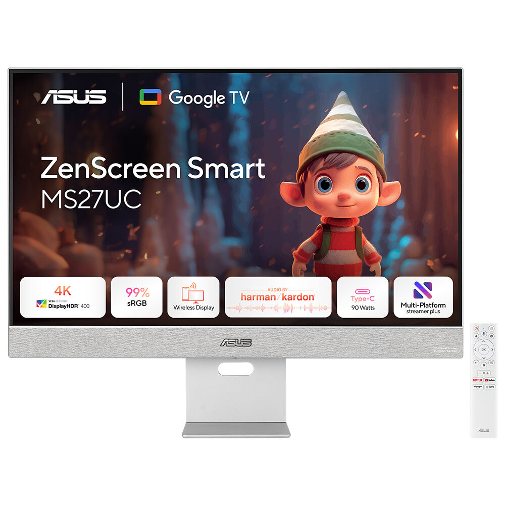 ASUS ZenScreen Smart MS27UC 27 IPS 3840x2160 5ms 60Hz 350cd DP HDMI USB-C Hoparlör VESA 3YIL %99 sRGB  Google TV  Harman Kardon Hoparlörler  USB Type-C® (90 W PD)  HDMI™  DisplayPort™  USB Hub  Kablosuz Ekran Paylaşımı  Çoklu Kontrol ve Çoklu Platform Can