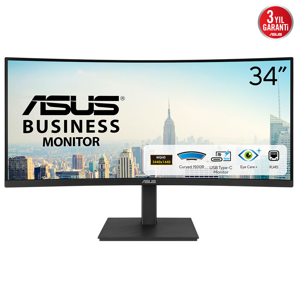 ASUS KURUMSAL VA34VCPSR 34 VA KAVİSLİ FREESYNC 3440x1440 4ms 100Hz 300cd DP HDMI USB-C RJ45 Hoparlör VESA 3YIL ÇERÇEVESİZ   FLICKER FREE  DÜŞÜK MAVİ IŞIK  PD 96W  MONİTÖR