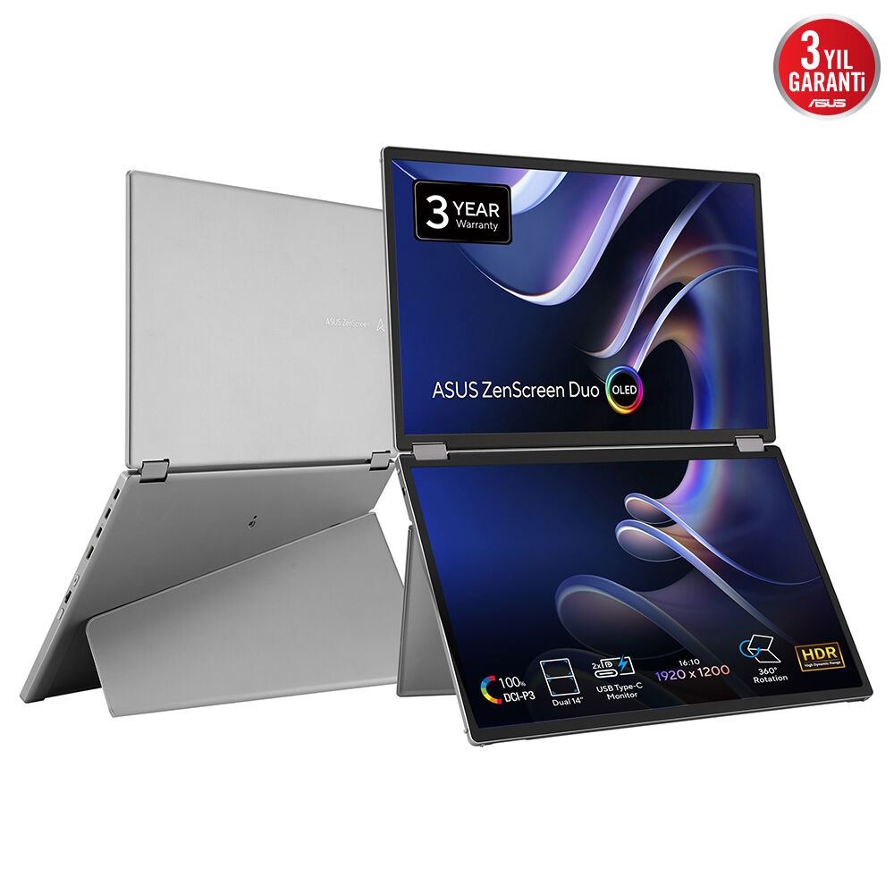 ASUS ZenScreen MQ149CD 14 Duo OLED 1920x1200 1ms 60Hz 400cd MİNİ HDMI USB YOK YOK 3YIL HDR 400  100% DCI-P3  ÇİFT EKRAN KATLANABİLİR TAŞINABİLİR MONİTÖR