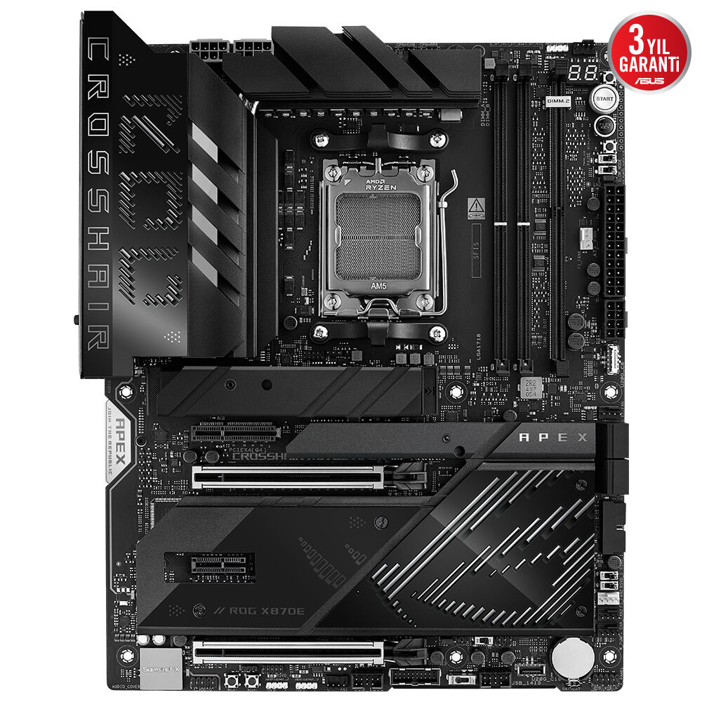 ASUS MB ROG CROSSHAIR X870E APEX AMD X870 AM5 DDR5 9600 2xUSB4 5x M2 USB3.2 WiFi 7 + BT AURA RGB 5Gbit LAN ATX 18+2+2 GÜÇ AŞAMALARI, ÇİFT USB4, 4xM.2 SLOT, ROG MEMORY FAN KIT