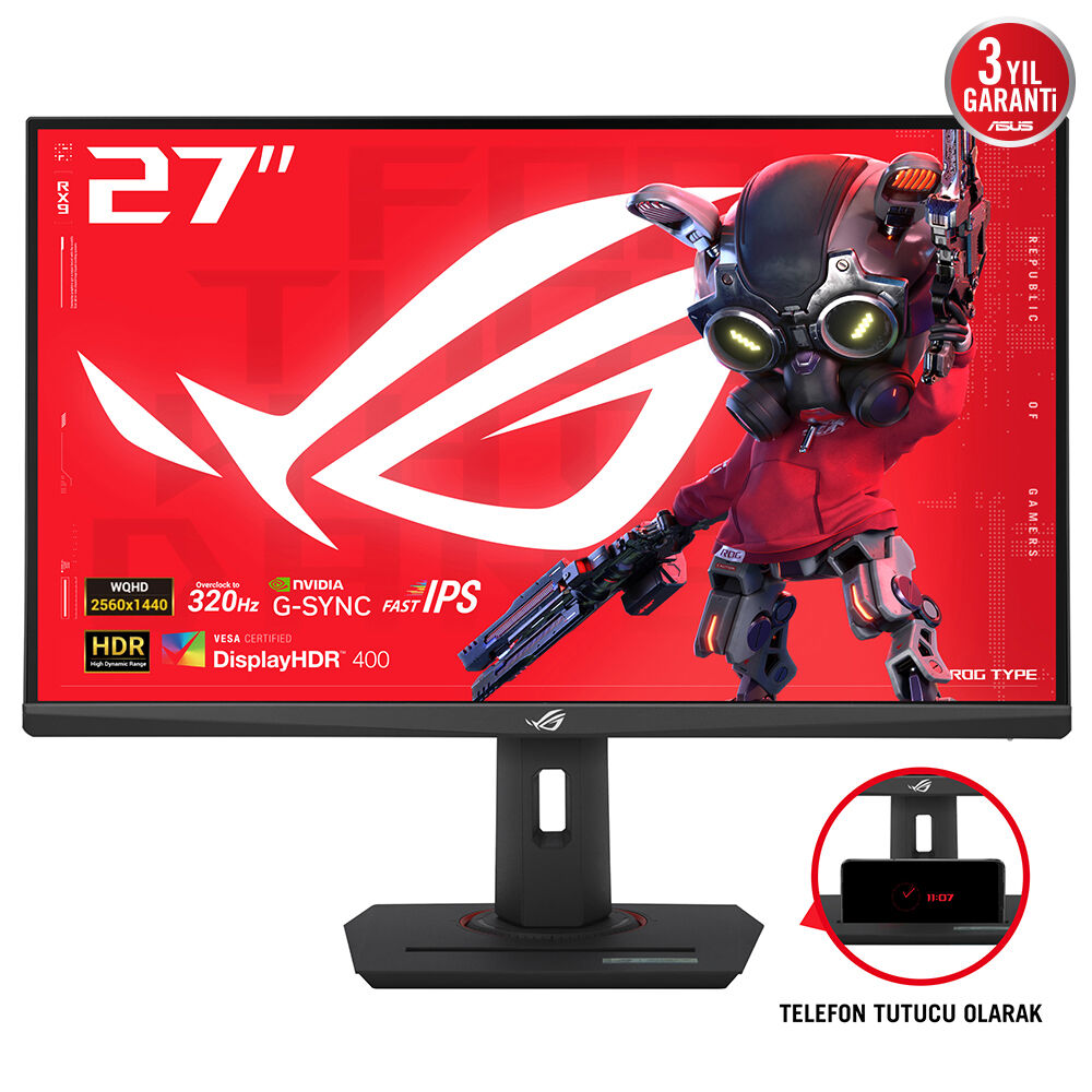ASUS ROG STRIX XG27ACMS 27 GAMING FAST IPS FreeSync VE G-SYNC UYUMLU HDR  2K 2560x1440 0.3ms 320HZ 350cd DP HDMI USB-C YOK VESA 3YIL ELMB  HDR  PİVOT  USB-C PD15W MONİTÖR