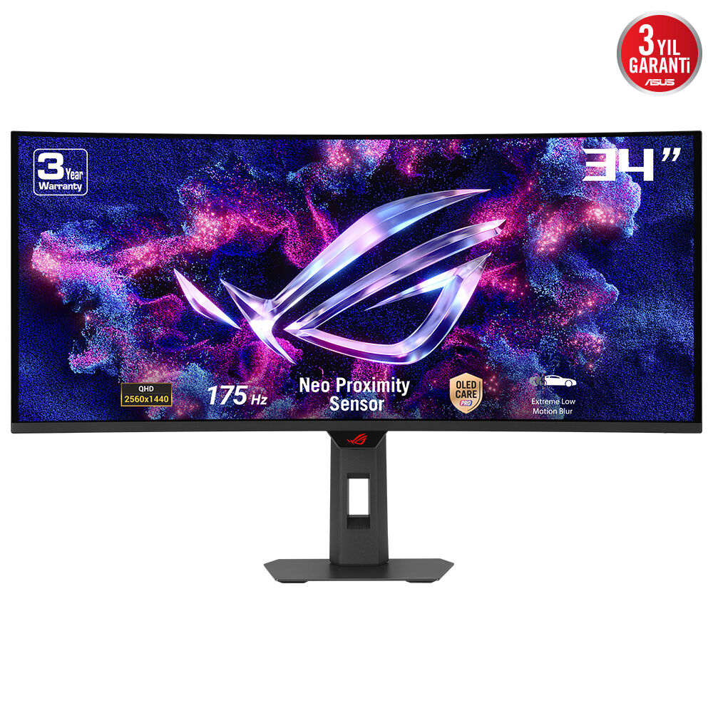 ASUS ROG STRIX XG34WCDG 34 OLED KAVİSLİ 3840x1440 0.03ms 175Hz 250cd DP HDMI USB-C YOK VESA 3YIL ELMB  HDR 400 True Black  YÜKSEKLİK AYARLI YAKINLIK SENSÖRÜ(NEO PROXIMITY SENSOR)  %99.3 DCI-P3 10BİT USB-C PD15W MONİTÖR