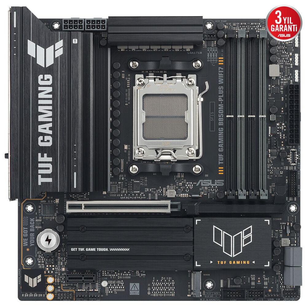 ASUS TUF GAMING B850M-PLUS WIFI7 AMD B850 AM5 DDR5 8000 DP HDMI 3X M2 USB3.2 GEN 2X2 WİFİ 7 + BT AURA RGB 2.5GBİT LAN MATX 14+2+1 GÜÇ AŞAMALARI 1XGEN5 M.2 READY FOR ADVANCED AI PC