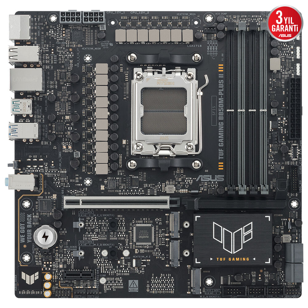 ASUS TUF GAMING B850M-PLUS II AMD B850 AM5 DDR5 8000 DP HDMI 3X M2 USB3.2 GEN 2X2 AURA RGB 2.5GBİT LAN MATX 14+2+1 GÜÇ AŞAMALARI 1XGEN5 M.2 READY FOR ADVANCED AI PC