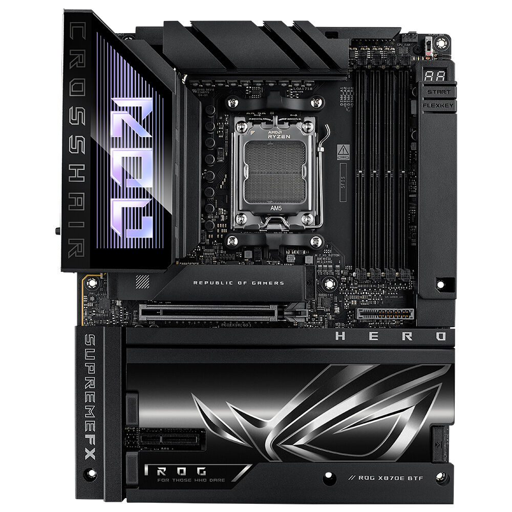 ASUS ROG CROSSHAIR X870E HERO BTF AMD X870E AM5 DDR5 8666 HDMI 2xUSB4 5x M2 USB3.2 WiFi 7 + BT AURA RGB 2.5GBİT + GBİT LAN ATX 18+2+2 GÜÇ AŞAMALARI, ANAKART ARKASINA KONUMLANDIRILAN KABLO BAĞLANTILARI