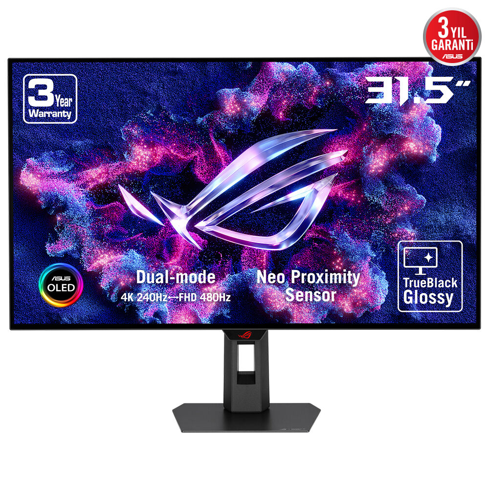 ASUS ROG STRIX XG32UCWMG 31.5 OLED GAMING DUAL MODE 3840x2160 0.03ms 4K -240Hz/ FHD-480Hz 1300cd DP HDMI USB YOK VESA 3YIL YAKINLIK SENSÖRÜ(NEO PROXIMITY SENSOR)  HDR 400 TRUE BLACK GLOSSY  YÜKSEKLİK AYARLI  MONİTÖR