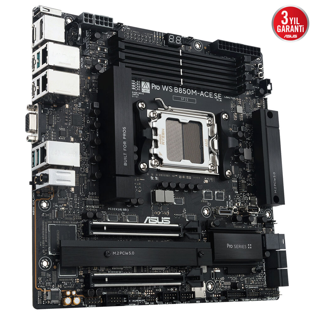 ASUS PRO WS B850M-ACE SE AMD B850 AM5 DDR5 8200 DP HDMI VGA USB4 ÇİFT M2 USB3.2 10GBİT+2.5GBİT+1GBİT LAN MATX AMD EPYC 4005 SERİSİ İŞLEMCİ DESTEĞİ, SERVER SINIFI IPMI UZAKTAN YÖNETİM, ASUS CONTROL CENTER EXPRESS LİSANSI
