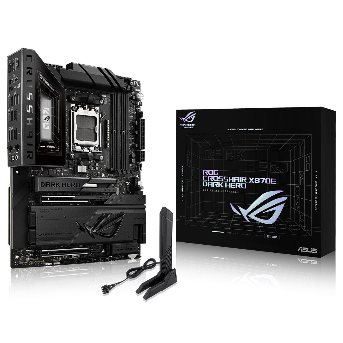 ASUS ROG CROSSHAIR X870E DARK HERO AMD X870E AM5 DDR5 9600 HDMI 2XUSB4 5X M2 USB3.2 WİFİ 7 + BT AURA RGB 10GBİT + 5GBİT LAN ATX 20+2+2 GÜÇ AŞAMALARI ÇİFT USB4 5XM.2 SLOT Wİ-Fİ 7 AI OVERCLOCKİNG