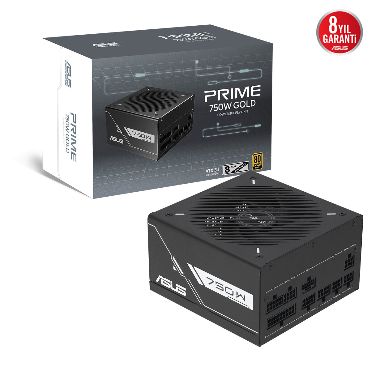 ASUS PRIME-750G GOLD PSU FULL MODÜLER 80 PLUS GOLD ATX 3.1 PCIE 5.1 12V-2X6 KABLO ÇİFT BİLYALI FAN 8 YIL GARANTİ