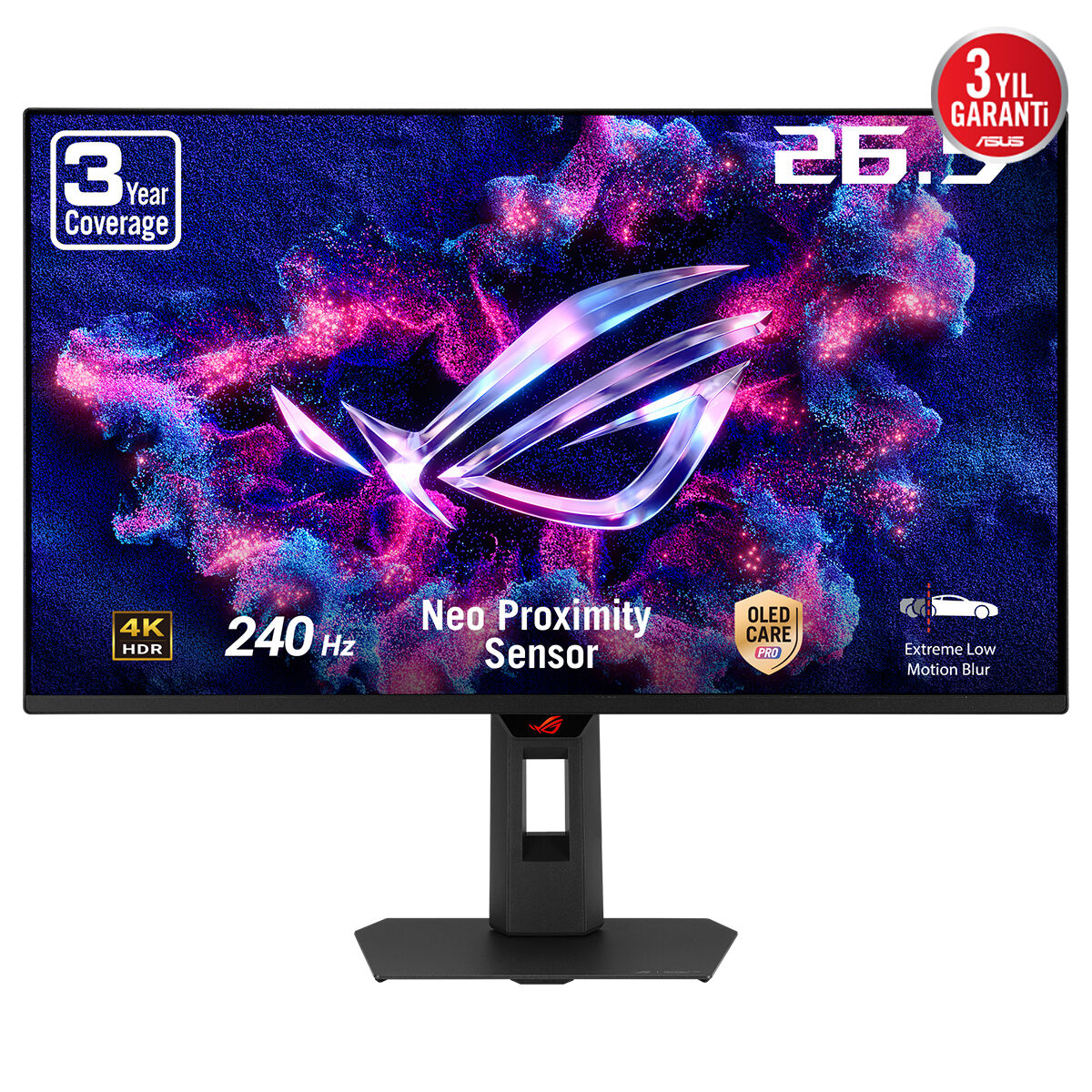 ASUS ROG STRIX XG27UQDMS 26.5 OLED FREESYNC VE G-SYNC UYUMLU HDR 3840x2160 0.03ms 240Hz 1000cd(HDR max) DP HDMI USB YOK VESA 3YIL YAKINLIK SENSÖRÜ(NEO PROXIMITY SENSOR)  99% DCI-P3  OLED CARE PRO  PİVOT  MONİTÖR