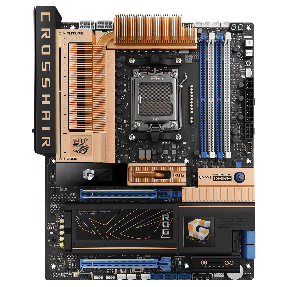 ASUS ROG CROSSHAIR 2006 AMD X870E AM5 DDR5 9600 HDMI 2xUSB4 5x M2 USB3.2 WiFi 7 + BT AURA RGB 10Gbit + 5Gbit LAN ATX 20+2+2 Güç Aşamaları, Çift USB4, 5xM.2 slot, Wi-Fi 7, AI Overclocking