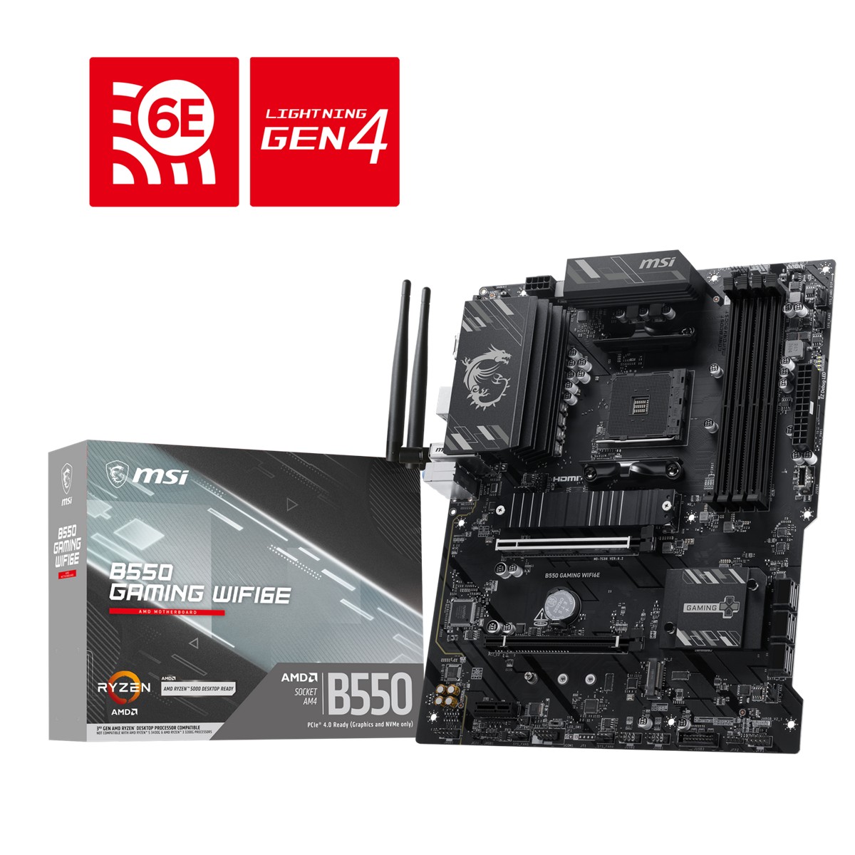MSI MB B550 GAMING WIFI6E AM4 DDR4 4800(OC) HDMI DP 2x M.2 USB 10Gbps 1G LAN WIFI6E ATX